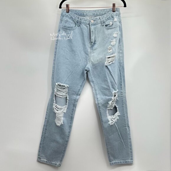 Shein Distressed Light Blue Ultra High-Waisted Denim Jeans 6 - Picture 1 of 5